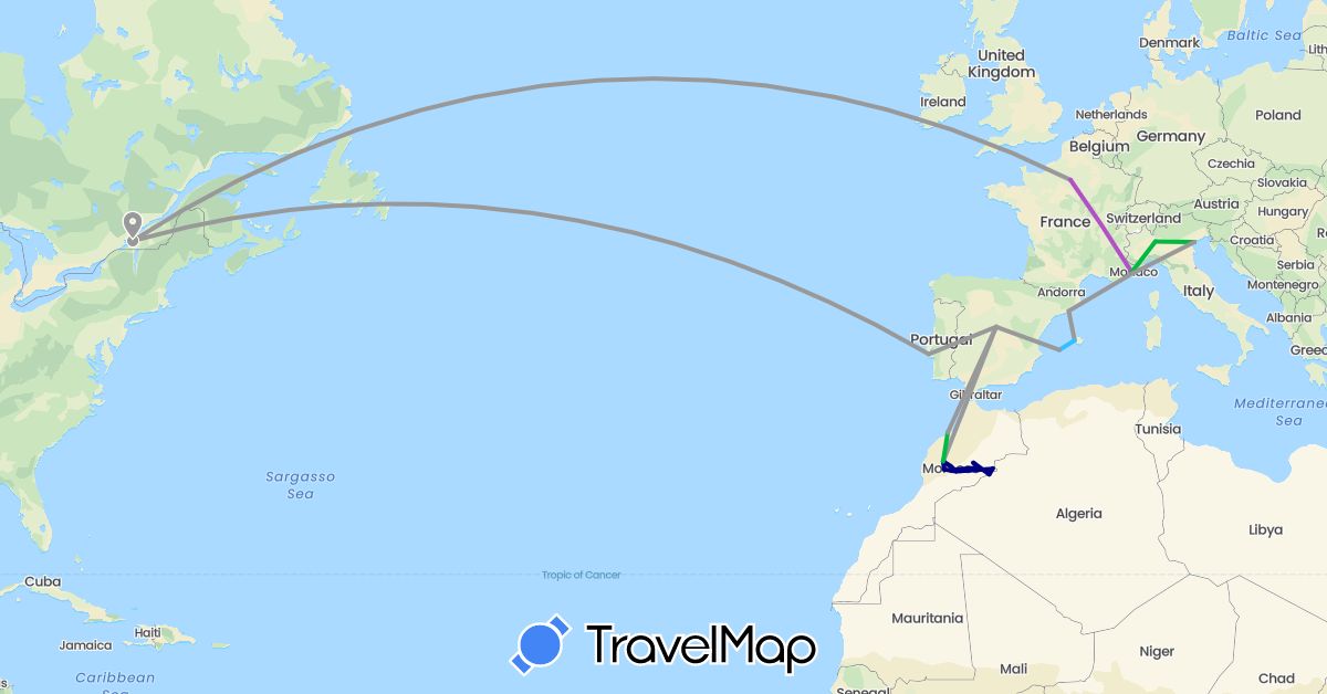 TravelMap itinerary: driving, bus, plane, train, boat in Canada, Spain, France, Italy, Morocco, Portugal (Africa, Europe, North America)